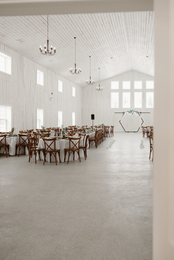 View of the reception hall looking into the Grand Ivory set up for a winter wedding