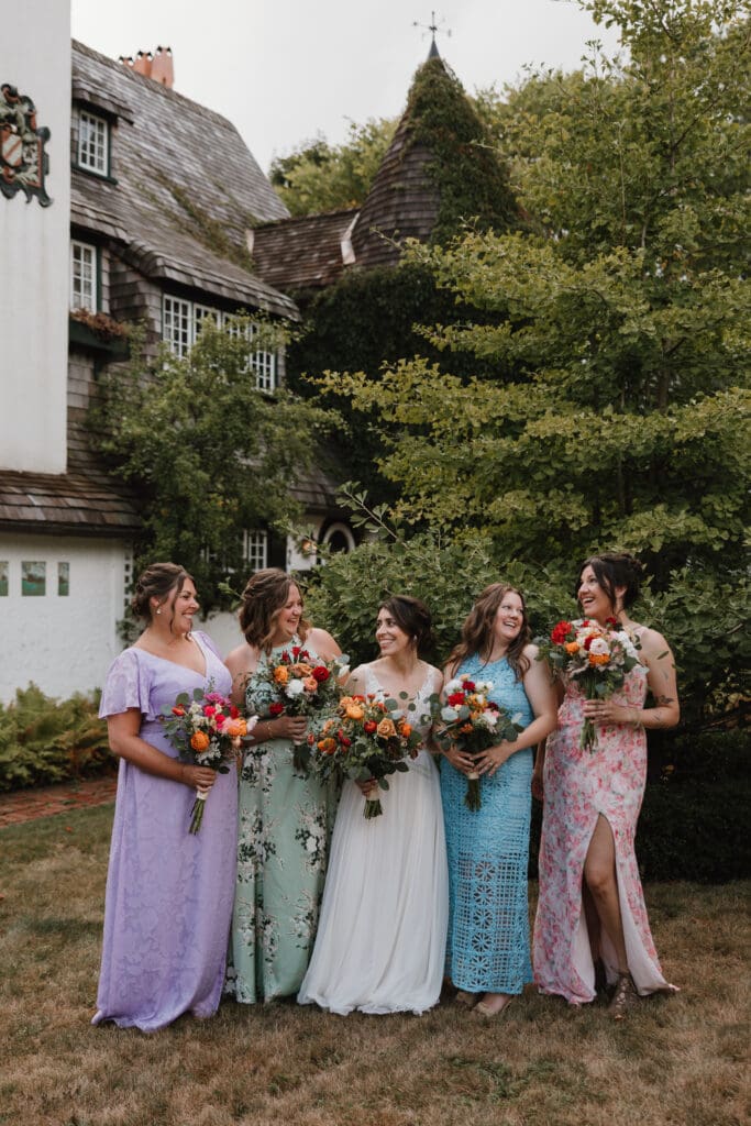 Bridesmaids colourful gowns Algonquin Resort wedding