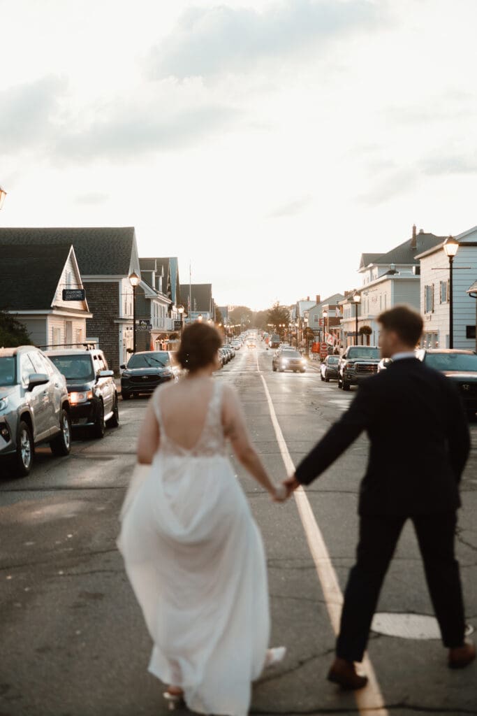Bride and groom sunset photos Main Street St. Andrews NB