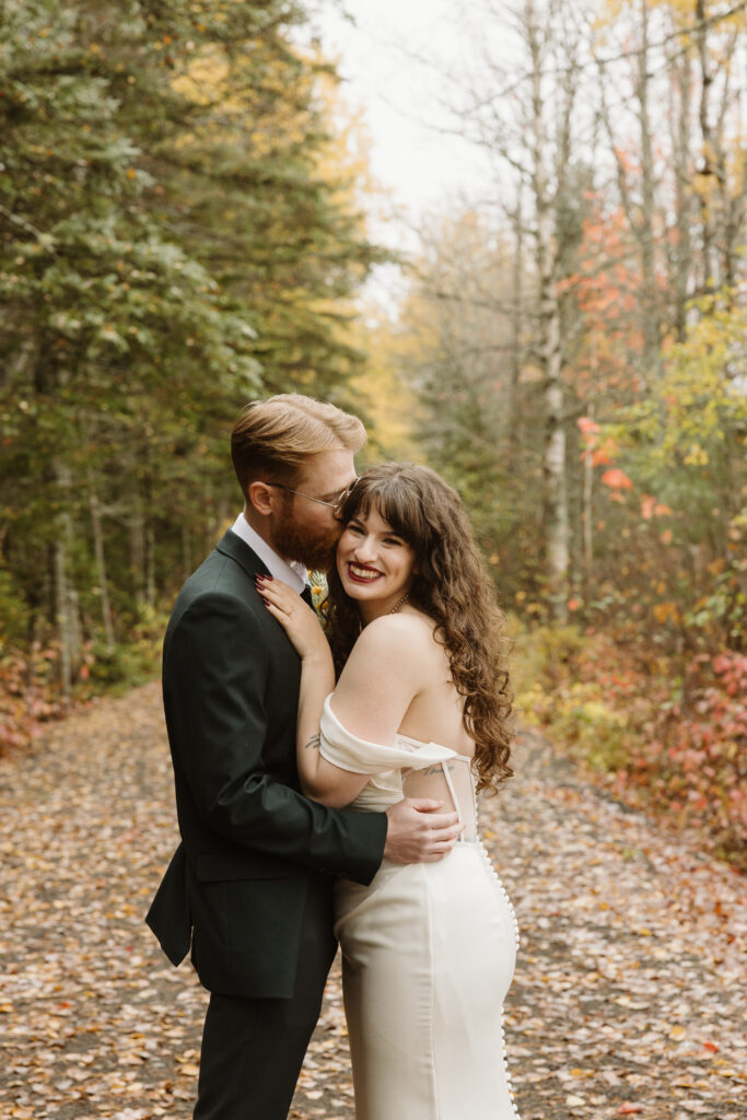 bride and groom portraits in the trail of irishtown nature park Moncton NB