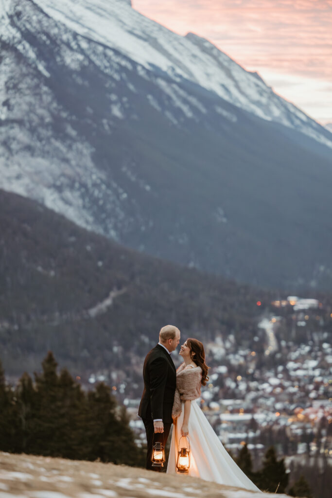 lanterns at sunrise Tunnel Mountain Banff Alberta Wedding