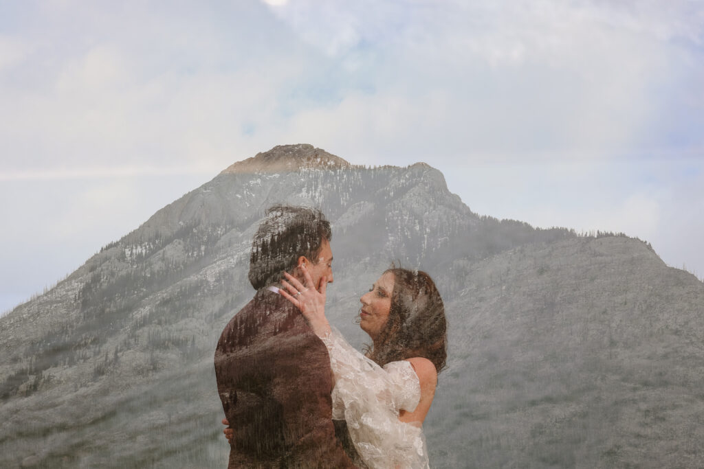 Lake Minnewanka elopement  double exposure against mountains
